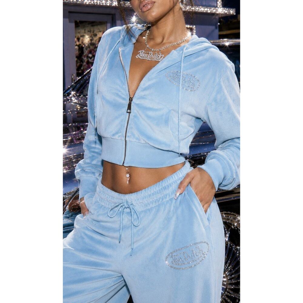 Von Dutch Velour Tracksuit Set Plus Size 2X Blue Rhinestone Y2K Hoodie/Pants New